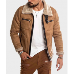 Mens Brown Faux Shearling Suede Leather Jacket