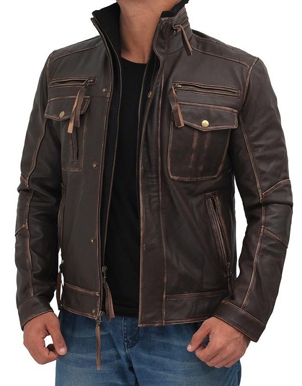 Dark Brown Mens Distressed Six Pocket Vintage Leather Jacket